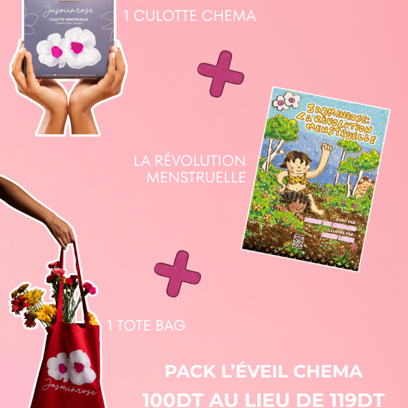 Pack l'éveil Chema - 1 culotte menstruelle flux moyen, 1 livre, 1 tote bag